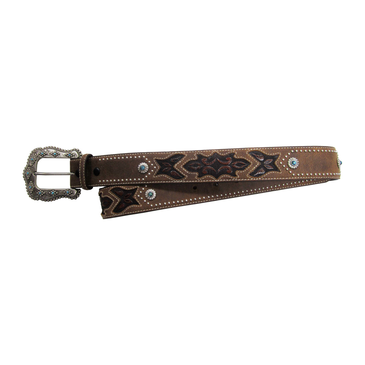 1 1/2&quot; Tooled Inlay Belt with Turquoise Embellished Buckle