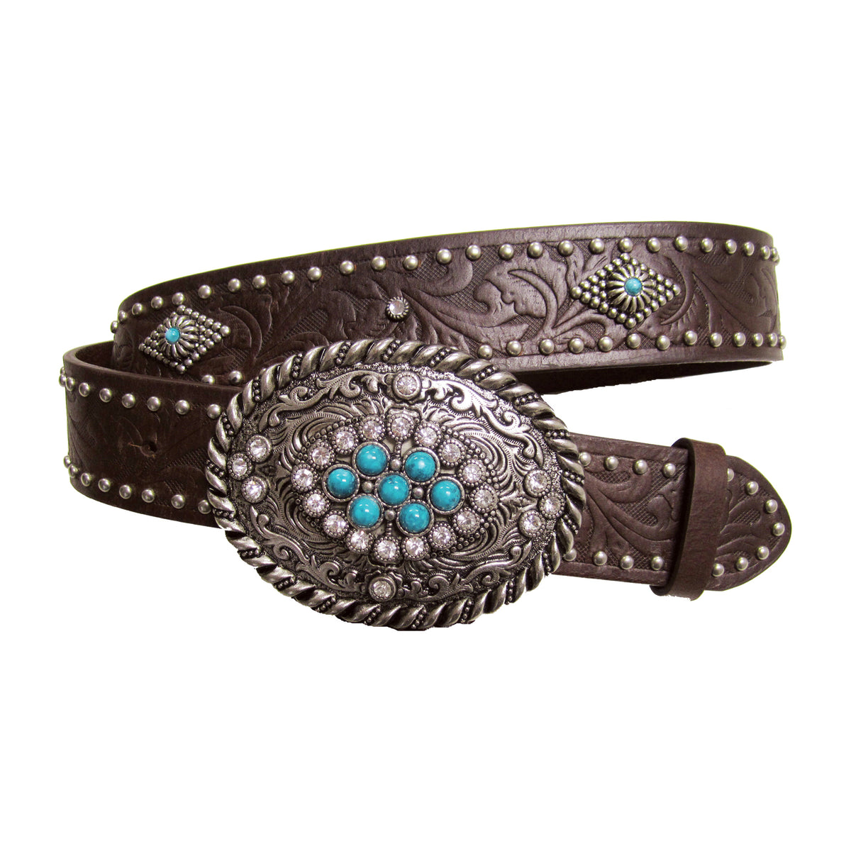 1 1/2&quot; Turquoise Conchos Buckle with Tooled Belt