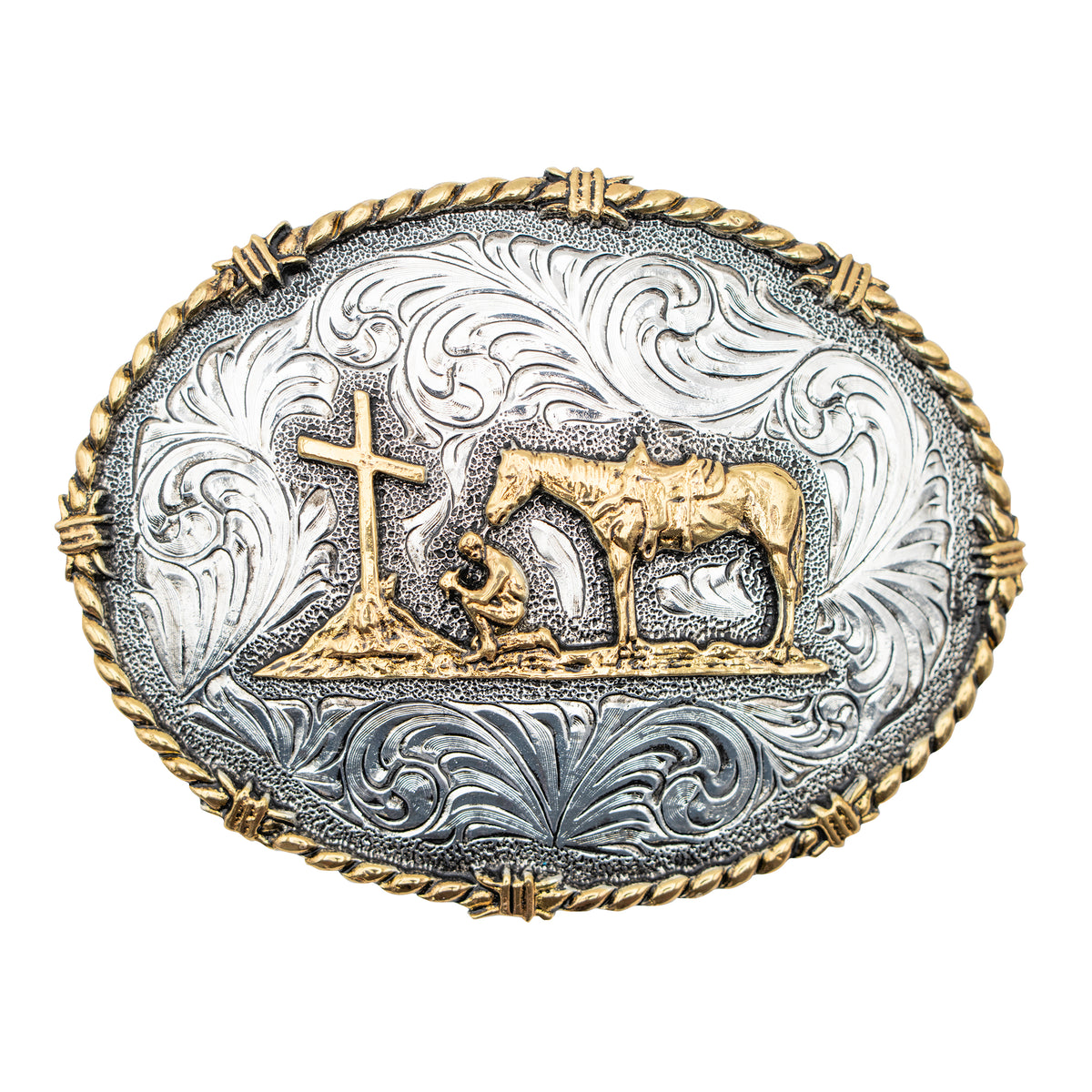 Oval Praying Cowboy with Barbed Wire and Rope Edge Buckle