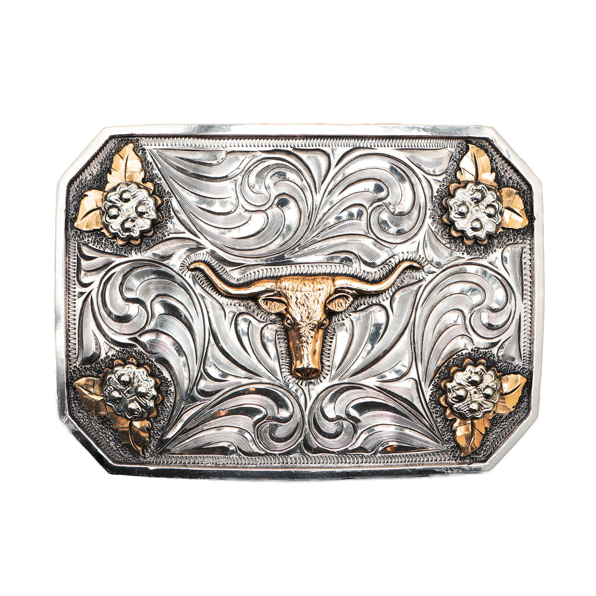Rectangular Longhorn with Flowered Corners Buckle