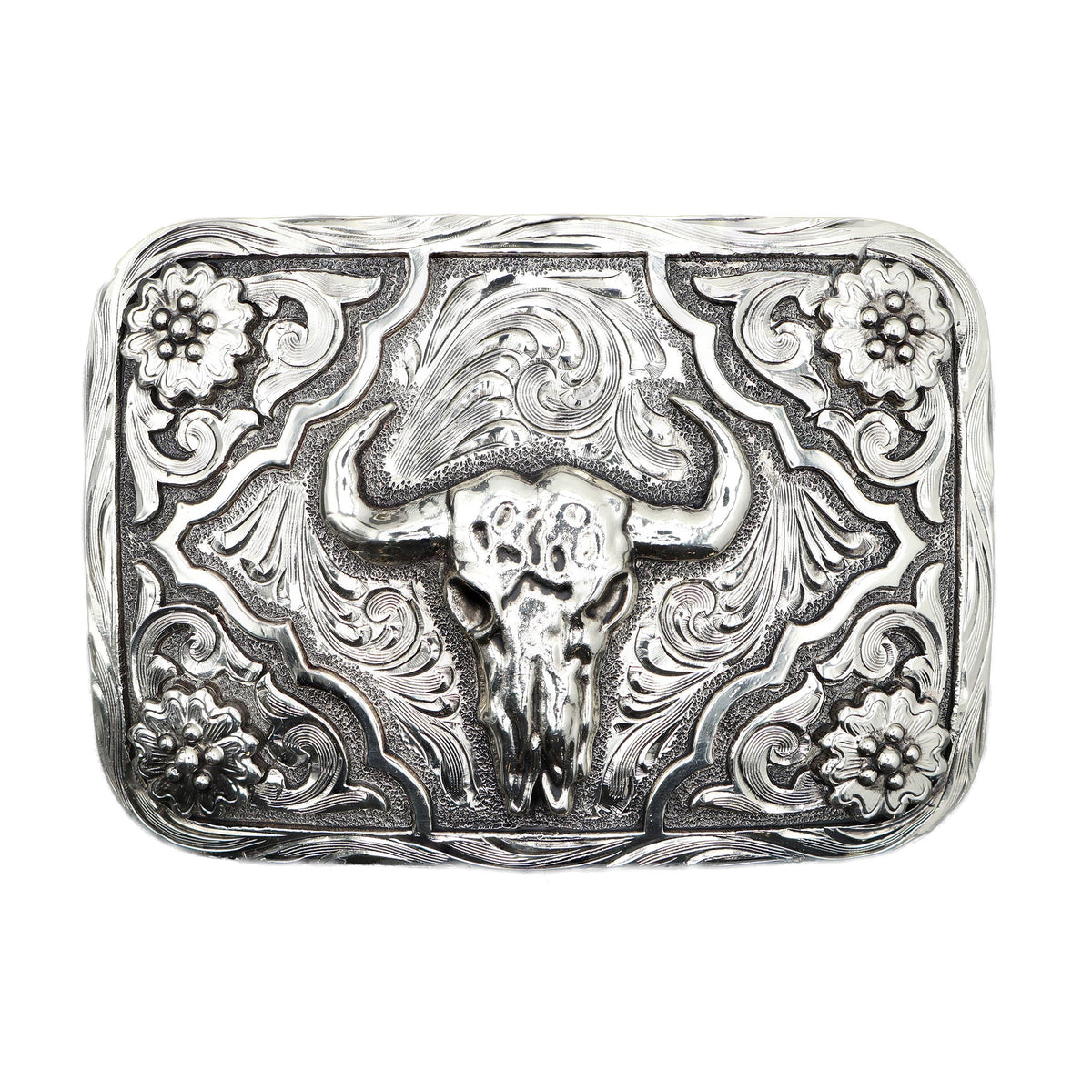 Bull Skull with Flowered Corners Buckle