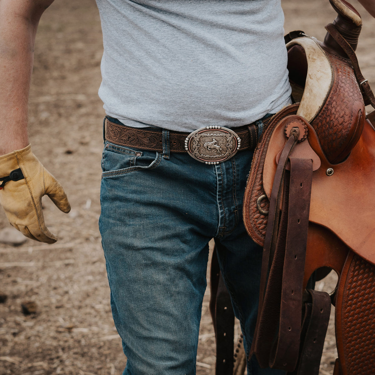 1 1/2&quot; Tooled Buckin’ Bronc Rider Buckle Belt