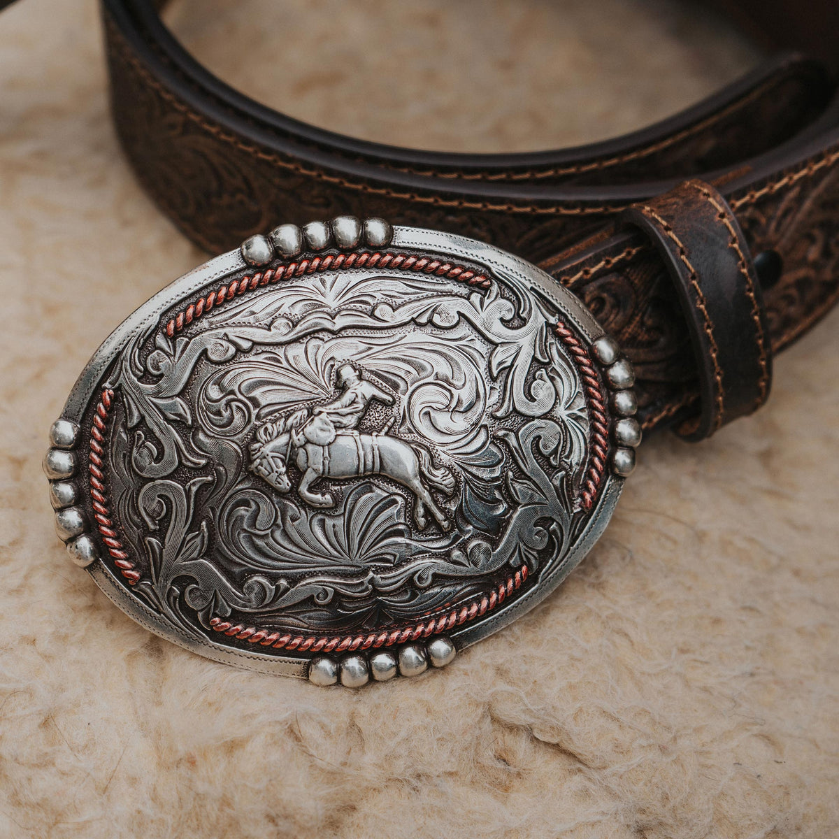 1 1/2&quot; Tooled Buckin’ Bronc Rider Buckle Belt