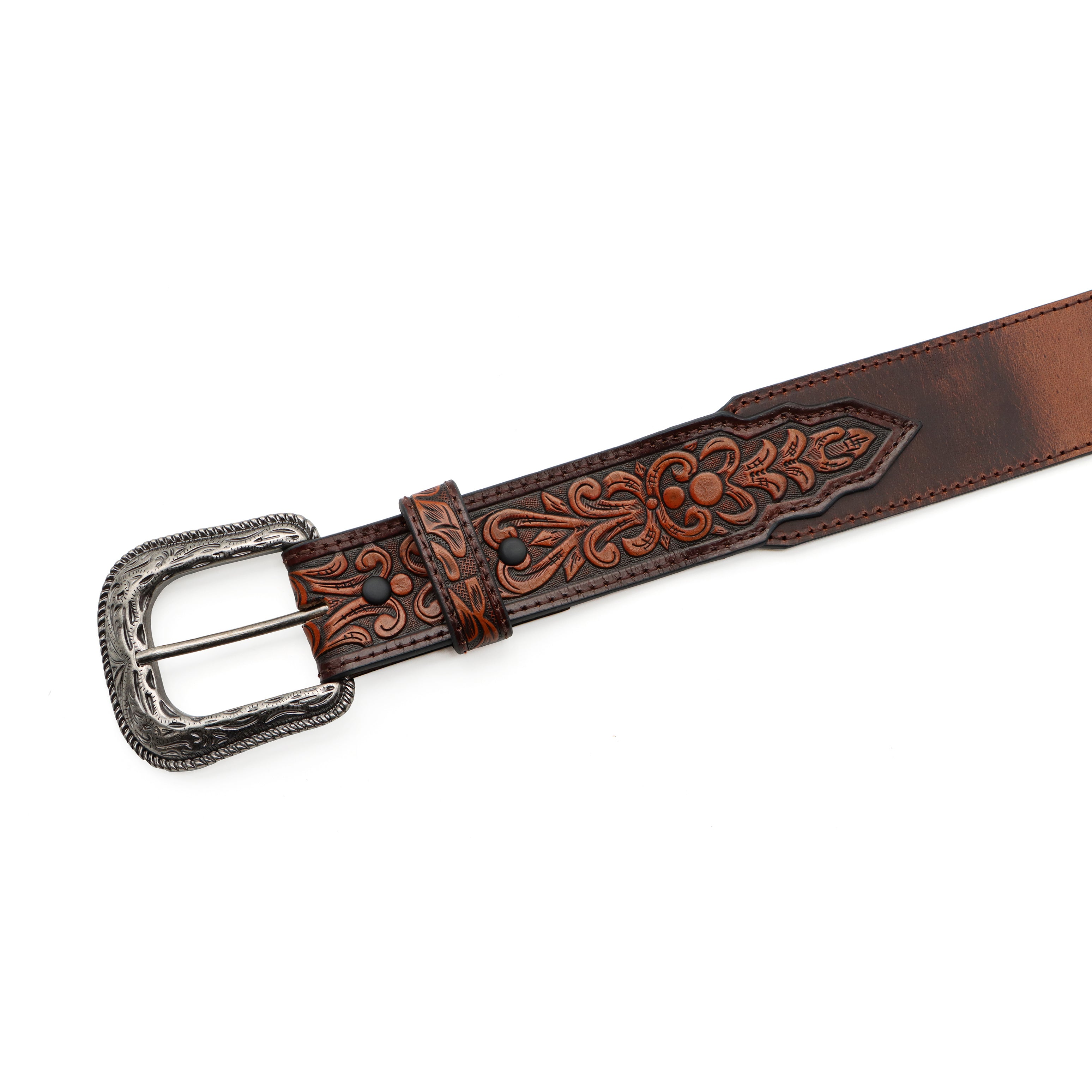 Collins Western silver floral embossed buckle Classic Brown Leather Belt unisex Leather Belts - Brown Western Floral Embossed — Farmericana  main image 2