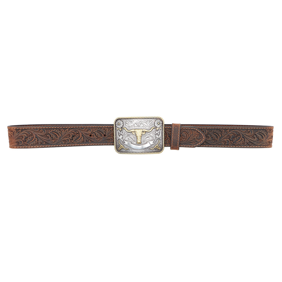 1 1/2" Tooled with Square Longhorn Buckle Belt