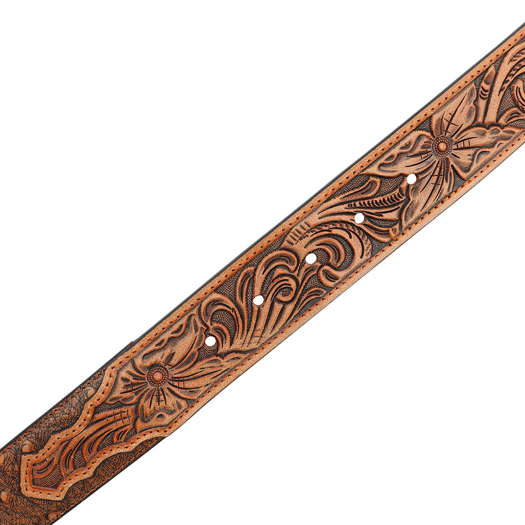 1 1/2&quot; Exotic Ostrich Print with Tooled Billets Belt