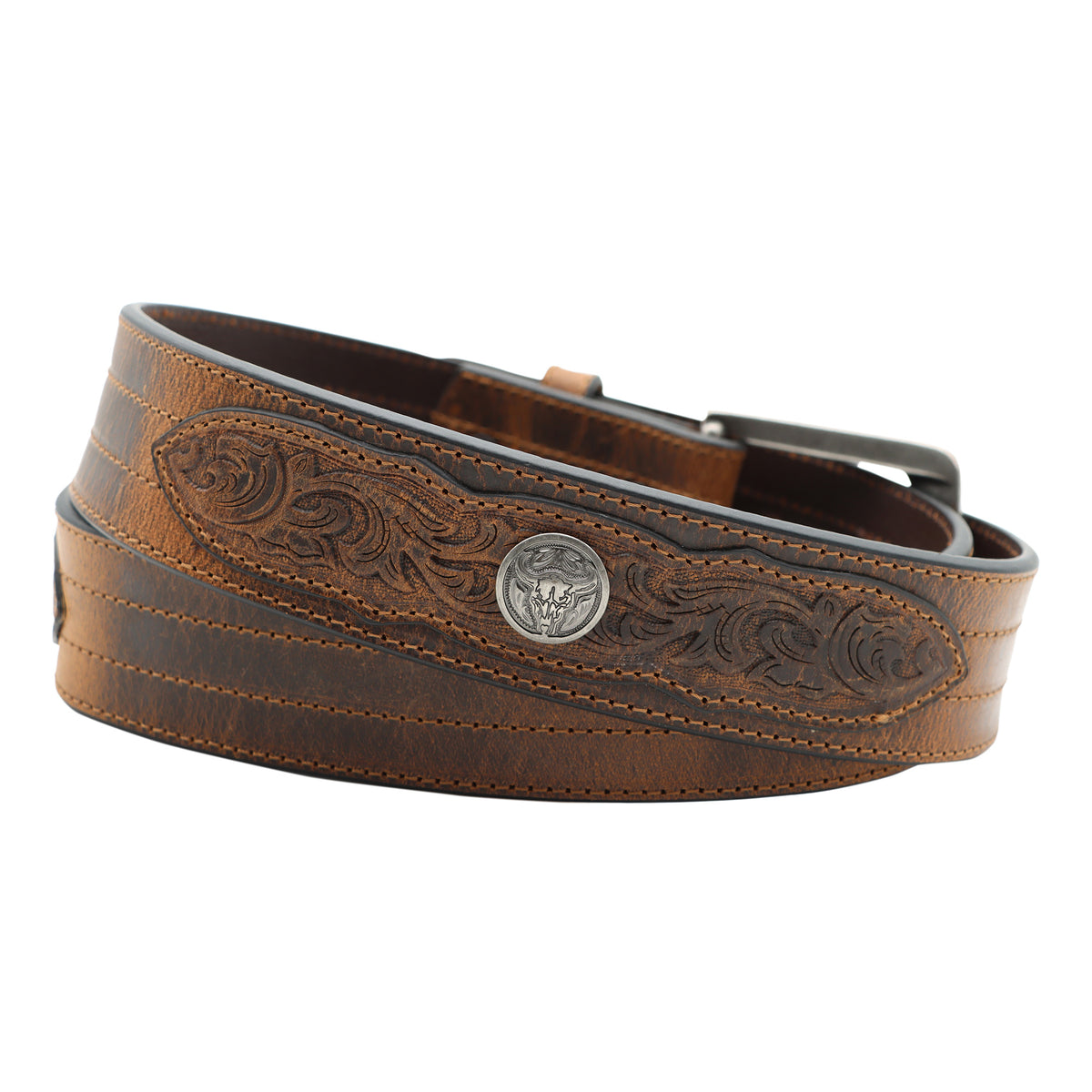 1 1/2” Tooled Inlays with Skull Conchos Belt