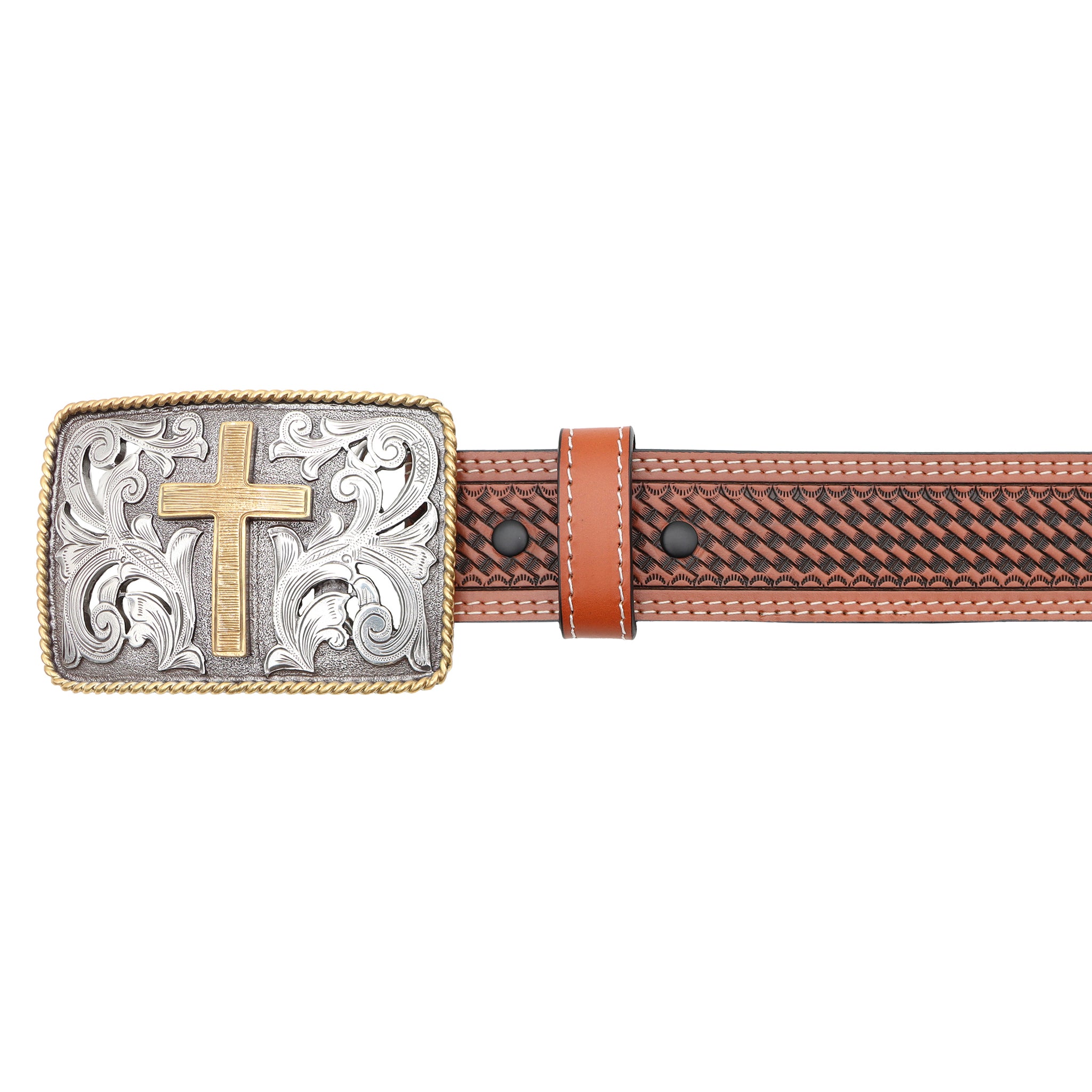 Men's Western Bison Leather Belt With Silver Engraved Rope Edge - Tan Genuine Leather Ranger Belt