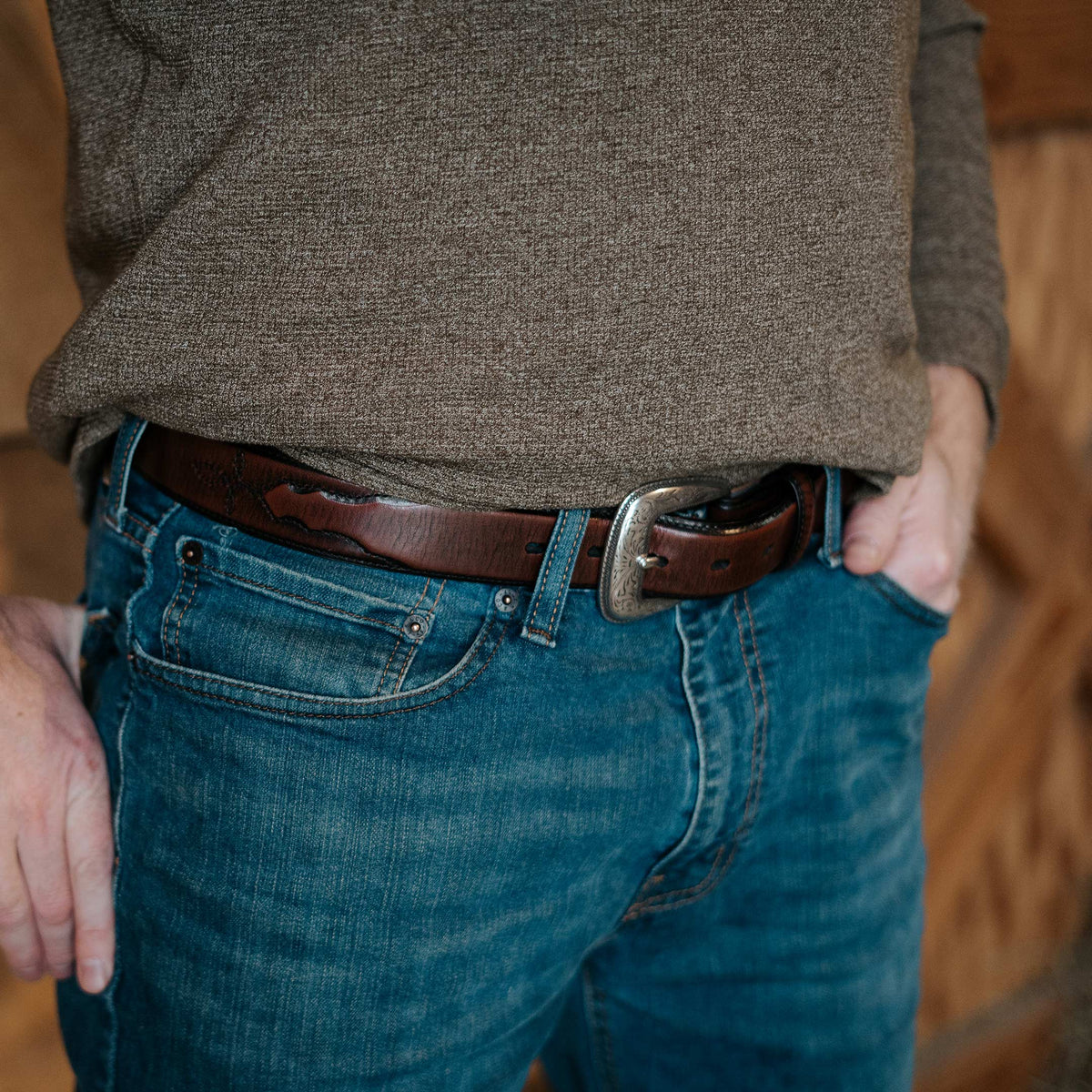 1 1/2" Rich Mahogony with Billets and Stitches Belt