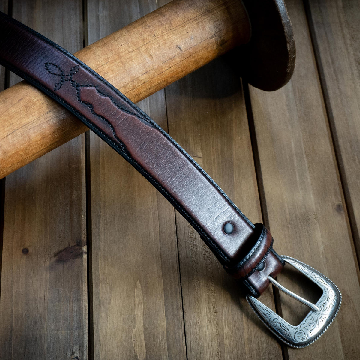 1 1/2" Rich Mahogony with Billets and Stitches Belt