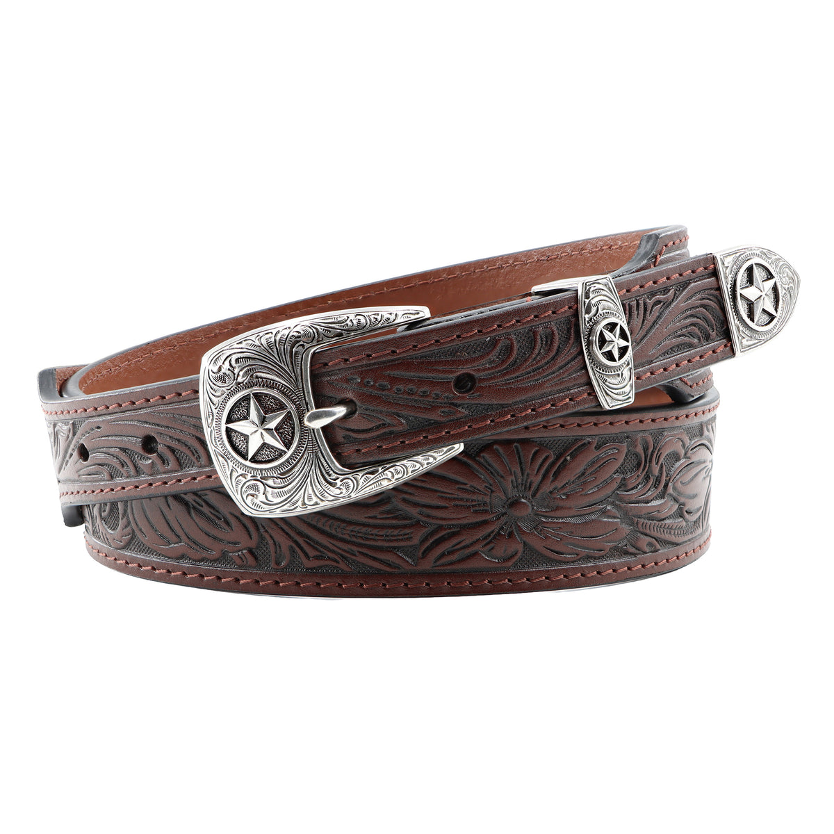 1 1/2" – 1" Tapered Tooled with Three-Piece Star Buckle Set Belt