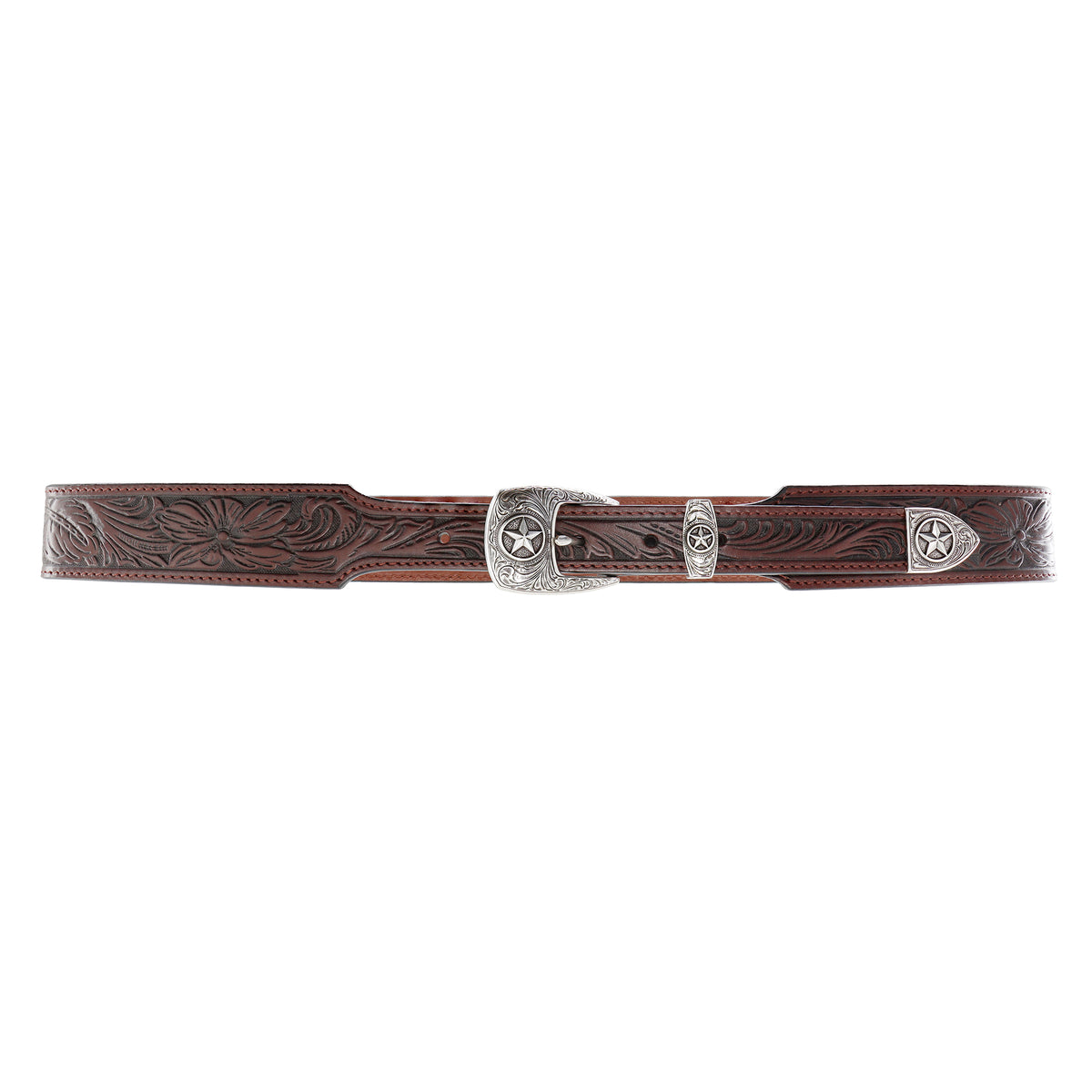 1 1/2" – 1" Tapered Tooled with Three-Piece Star Buckle Set Belt