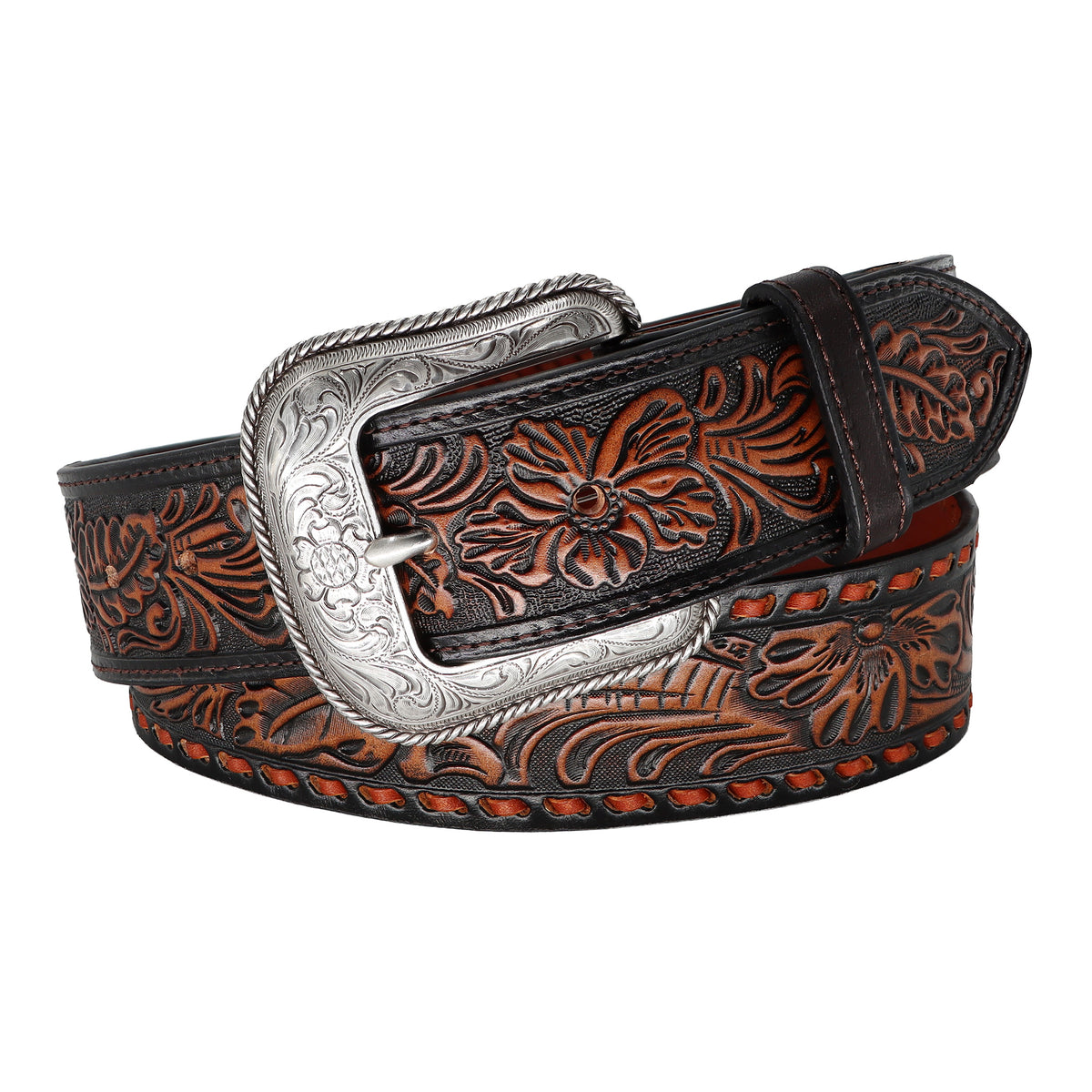 1 1/2" Whipstitch Tooled with Flower Billets Belt