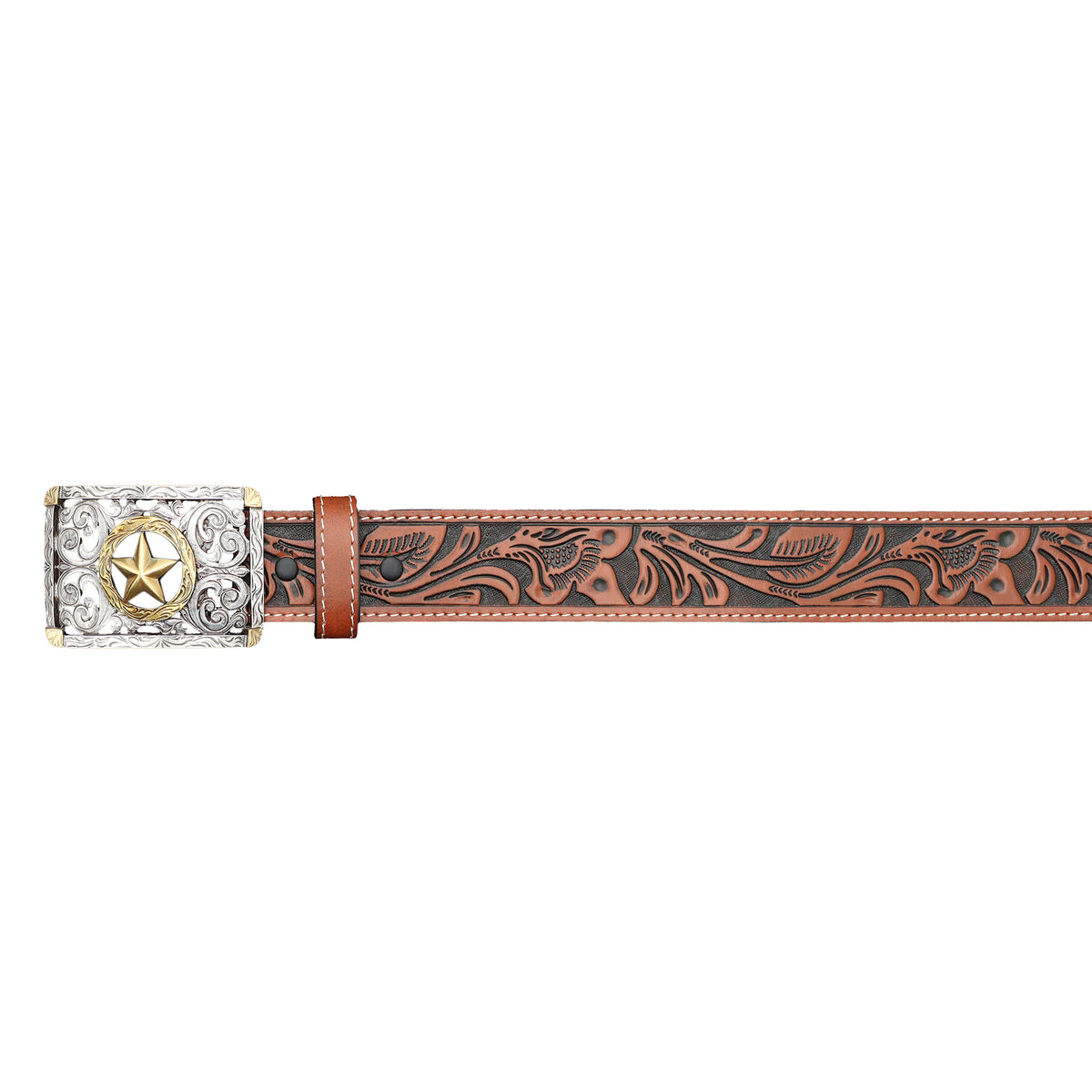 1 1/2" Tooled “Lone Star” Filigree Star Buckle Belt