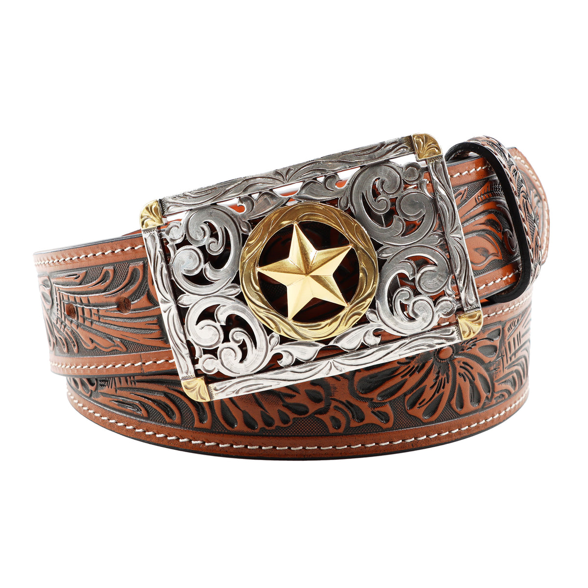 1 1/2" Tooled “Lone Star” Filigree Star Buckle Belt