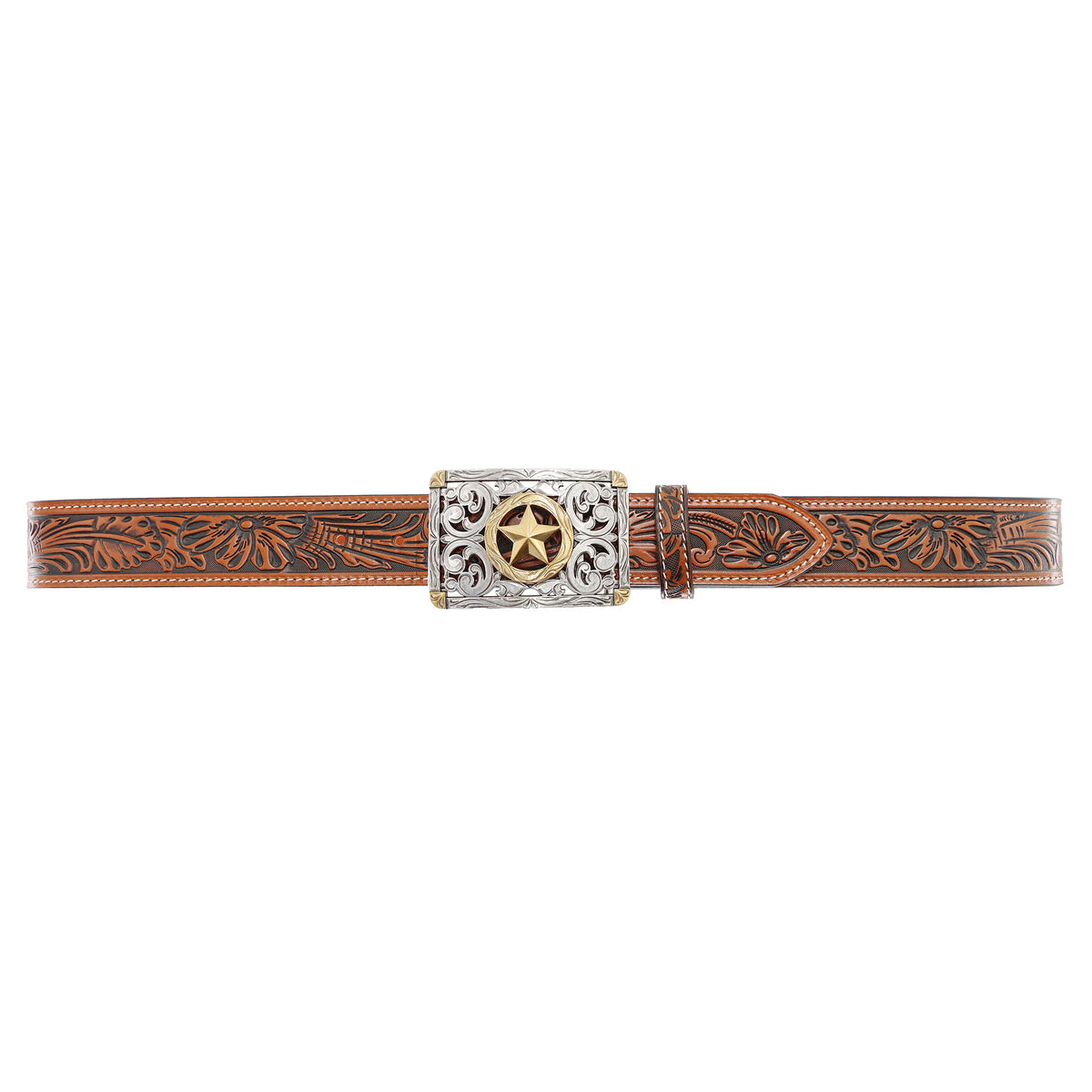 1 1/2" Tooled “Lone Star” Filigree Star Buckle Belt