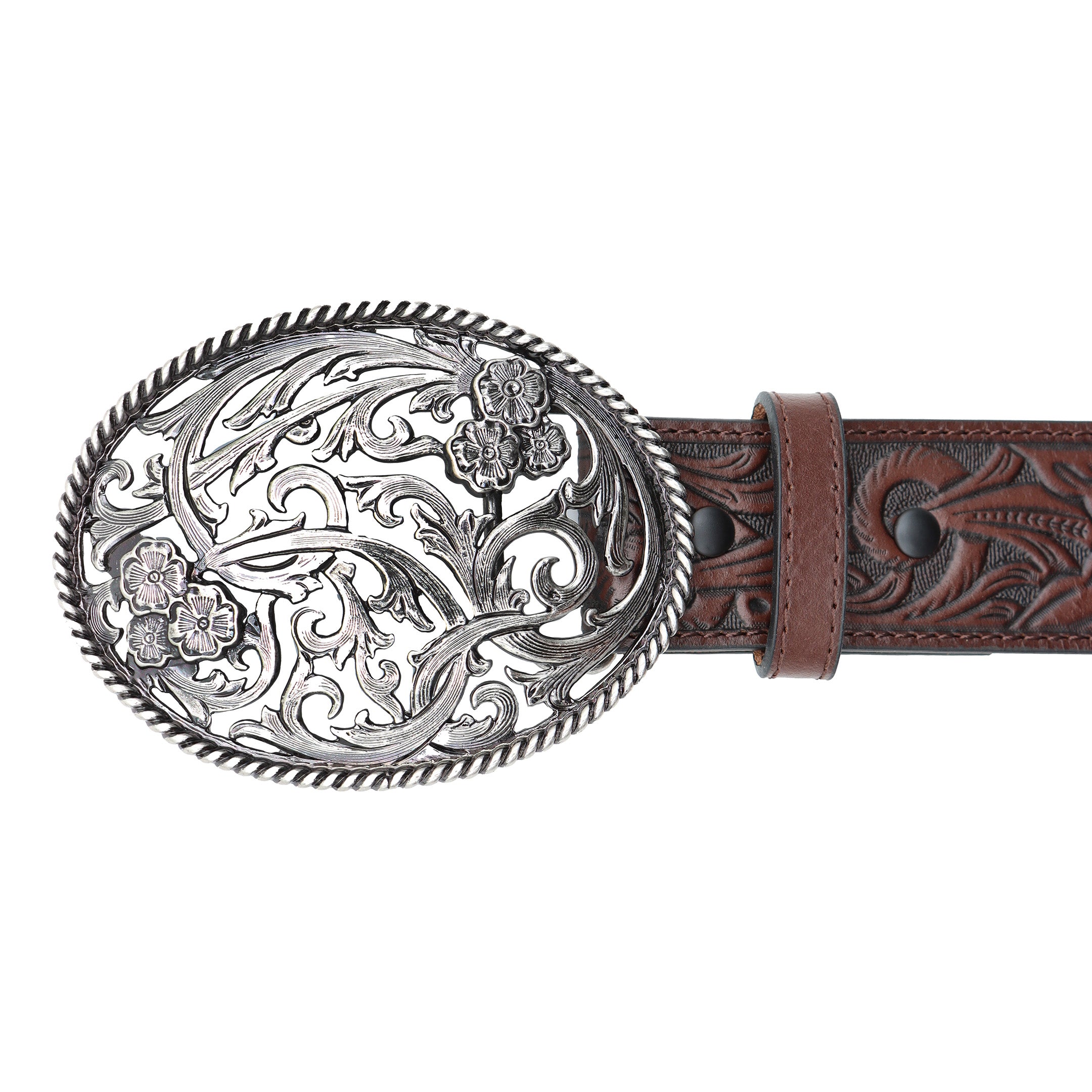 THE KOOPLES GENUINE LEATHER WOVEN BELT OVAL BELT BUCKLE WITH STONES Western Black Vein Stone Belt Buckle: Engraved Silver Oval  main image 2
