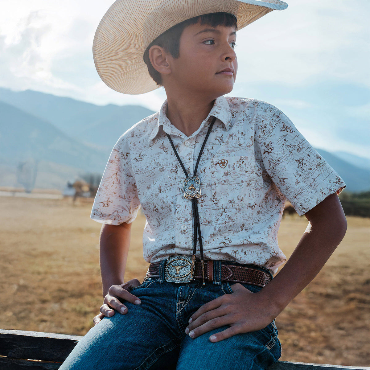 Kids’ 1 1/4&quot; Square Longhorn Tooled Buckle Belt