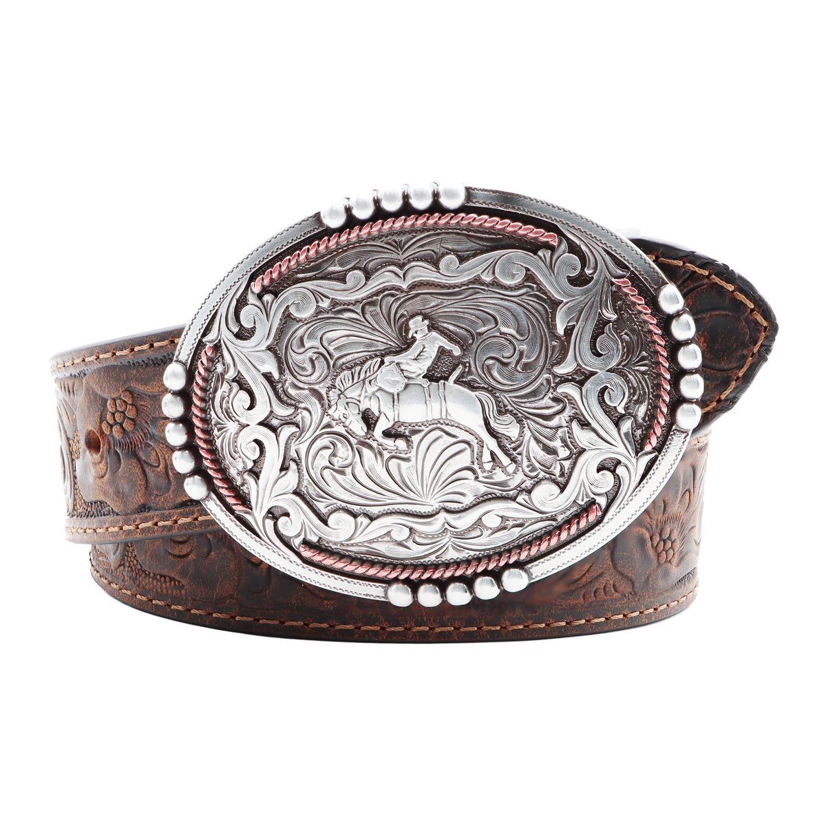 Kids’ 1 1/4&quot; Tooled Buckin’ Bronc Rider Buckle Belt