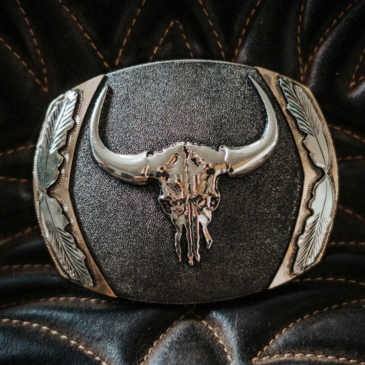“Big Horn” Longhorn Skull with Feathers Buckle