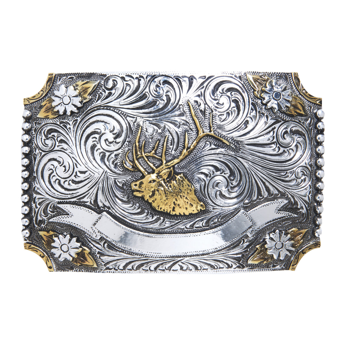 Elk Head with Fancy Flowers and Trophy Banner Buckle