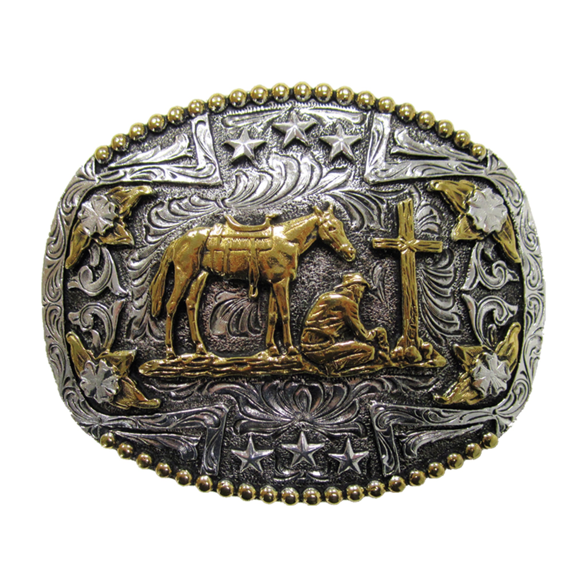 Praying Cowboy Cross Religious Faith Large Huge Rodeo Western Gold Tone  Belt Buckle