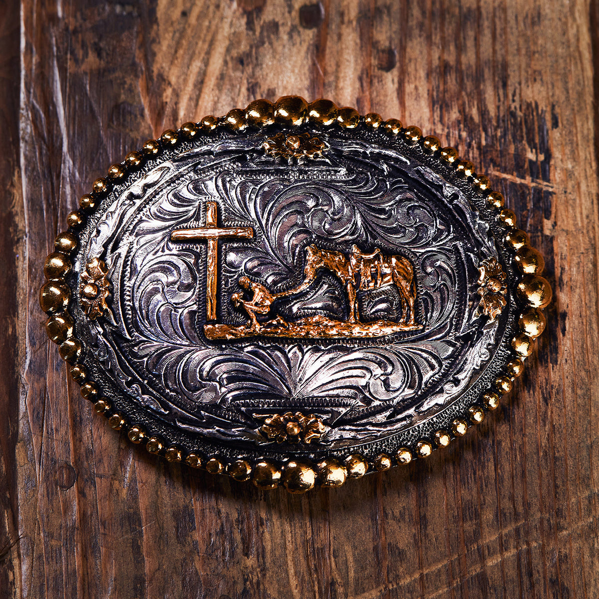 Oval Praying Cowboy with Beaded Edge Buckle