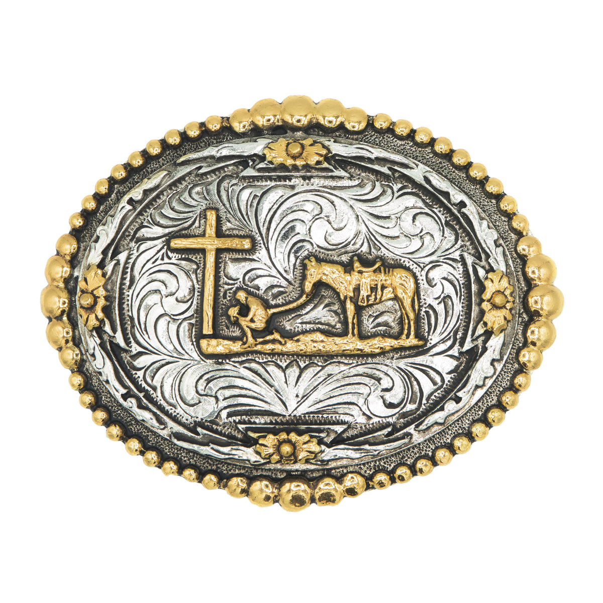 Oval Praying Cowboy with Beaded Edge Buckle