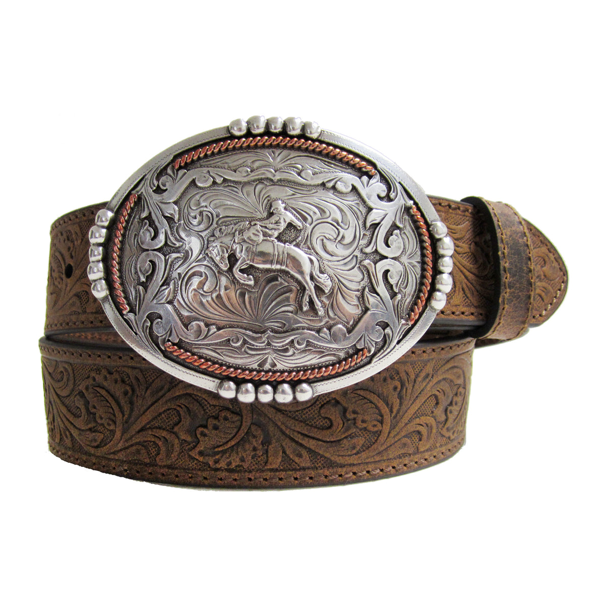 1 1/2&quot; Tooled Buckin’ Bronc Rider Buckle Belt