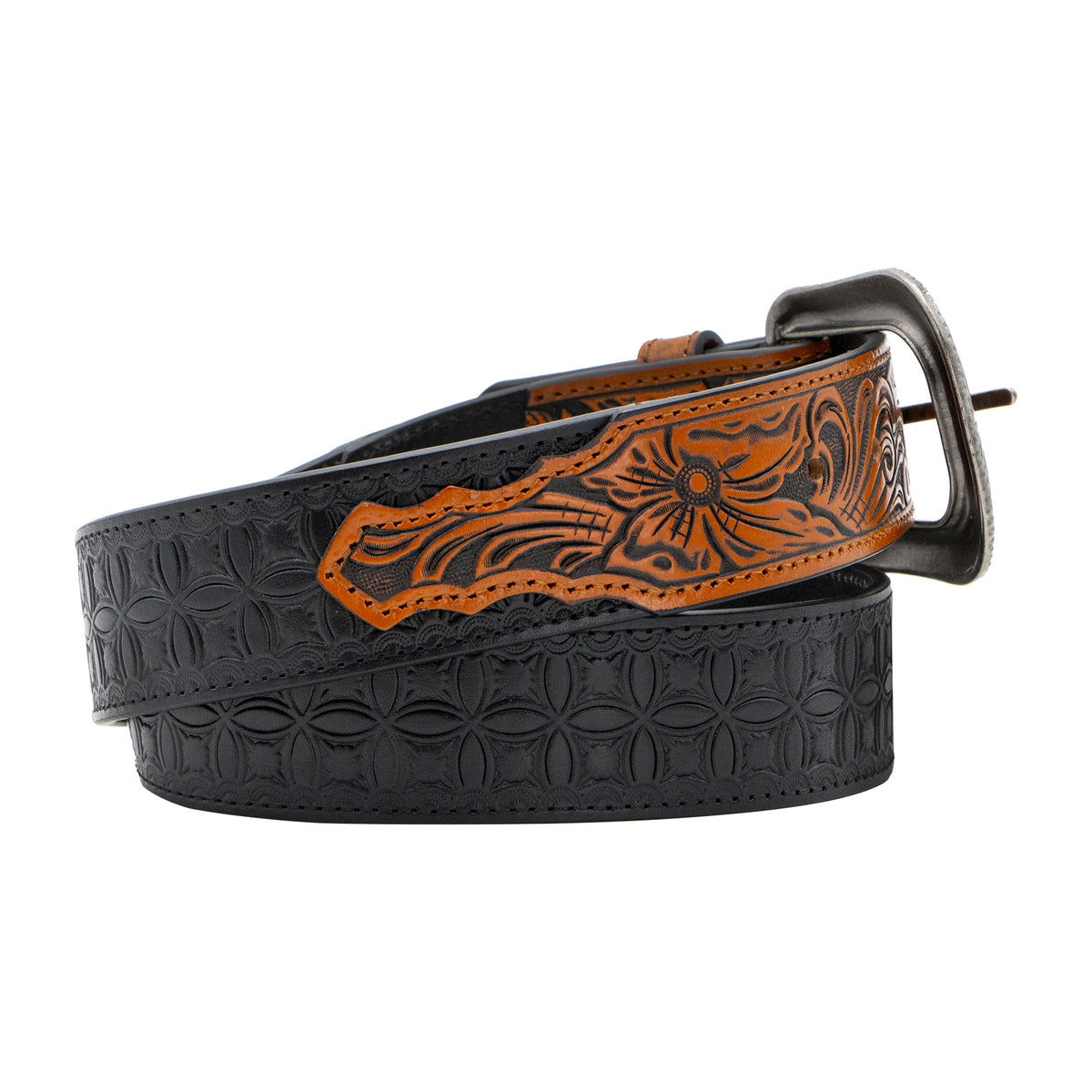 1 1/2&quot; Bi-colored Tooled with Floral Billets Belt