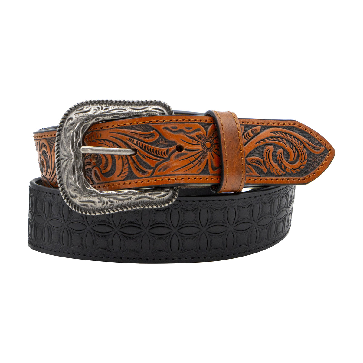 1 1/2&quot; Bi-colored Tooled with Floral Billets Belt