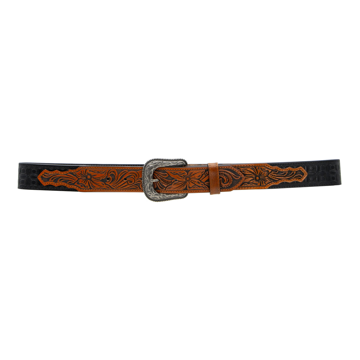 1 1/2&quot; Bi-colored Tooled with Floral Billets Belt