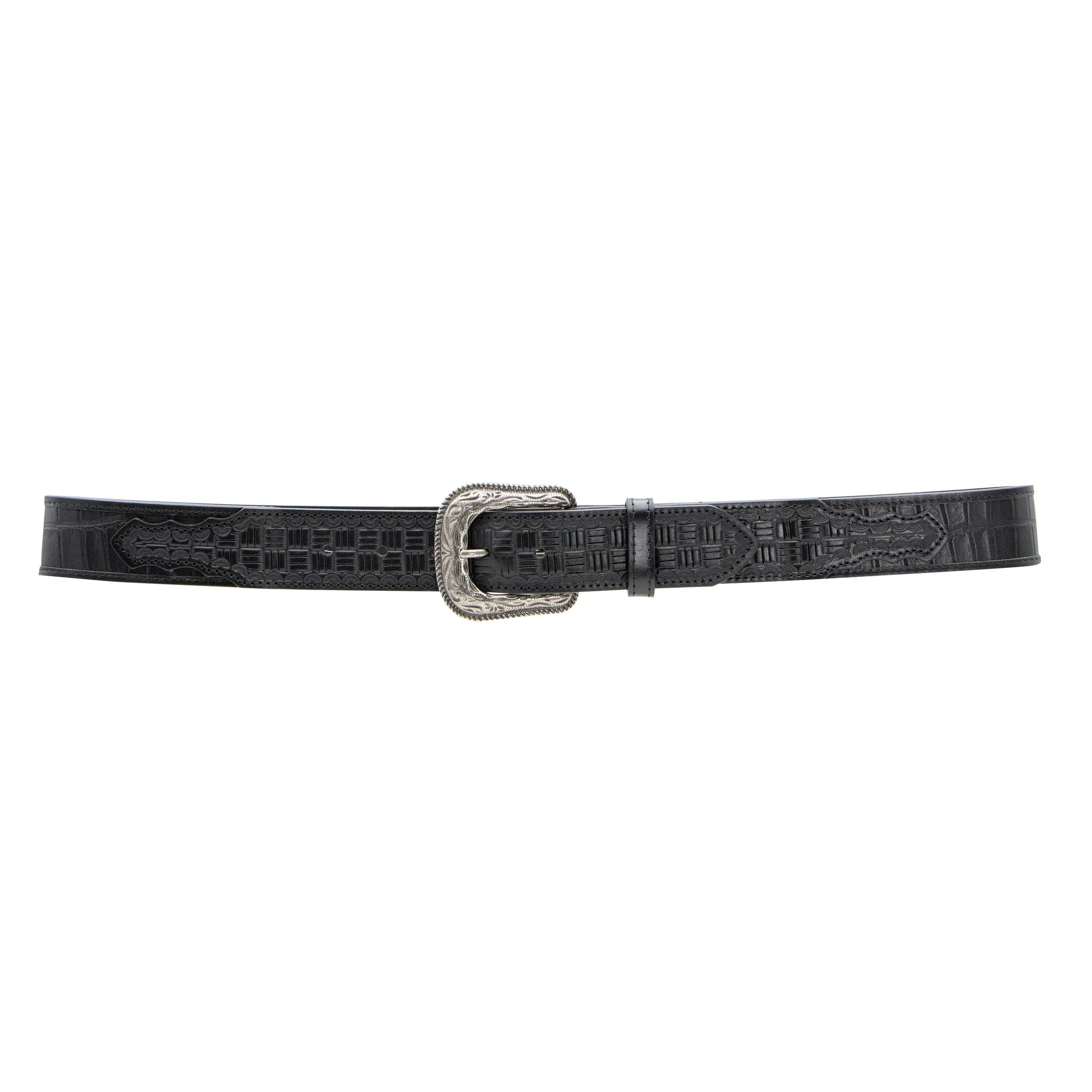 Black Croc Vintage Silver Buckle Western Belt