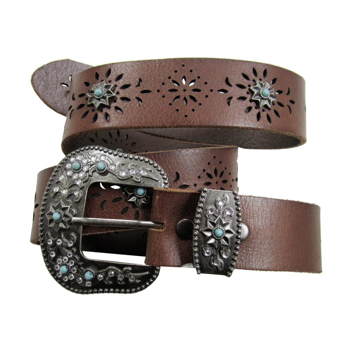 1 1/2&quot; Perforated Belt with Two Piece Turquoise Buckle Set